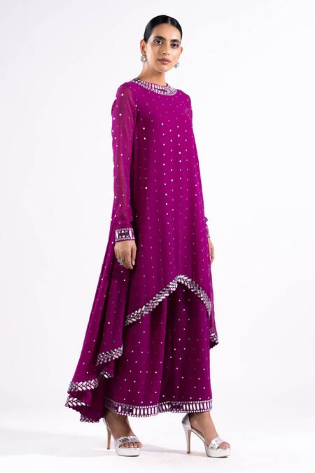 Buy_Vvani By Vani Vats_Wine Georgette, Silk Mirrors Round Neck Chheeta Work Kurta Palazzo Set _Online_at_Aza_Fashions