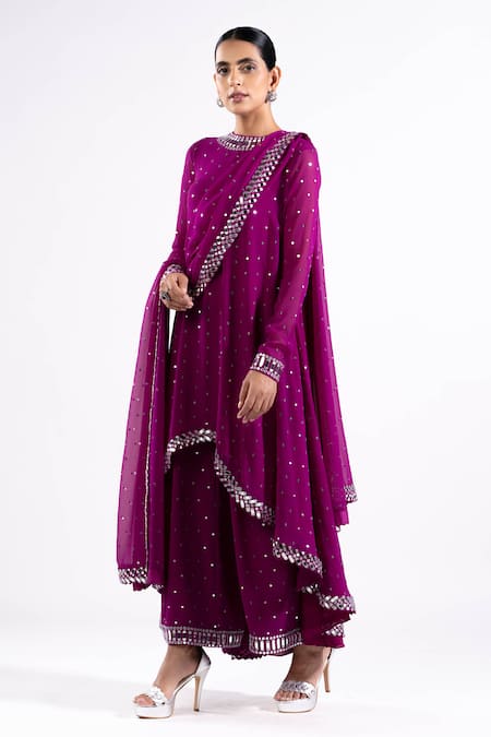 Shop_Vvani By Vani Vats_Wine Georgette, Silk Mirrors Round Neck Chheeta Work Kurta Palazzo Set _Online_at_Aza_Fashions