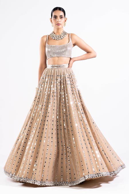 Buy Vvani By Vani Vats Beige Georgette, Satin, Organza Linear Pattern Embellished Bridal Lehenga Set Buy_Vvani By Vani Vats_Beige Georgette, Satin, Organza Linear Pattern Embellished Bridal Lehenga Set