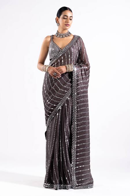 Vvani By Vani Vats Grey Satin, Georgette Mirrors, Sequins Linear Work Pre-draped Saree With Blouse Online at Aza Fashions Vvani By Vani Vats_Grey Satin, Georgette Mirrors, Sequins Linear Work Pre-draped Saree With Blouse _Online_at_Aza_Fashions