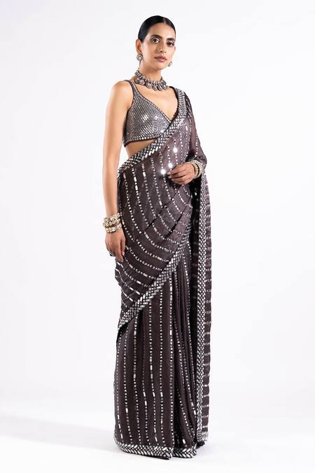 Buy Vvani By Vani Vats Grey Satin, Georgette Mirrors, Sequins Linear Work Pre-draped Saree With Blouse Online at Aza Fashions Buy_Vvani By Vani Vats_Grey Satin, Georgette Mirrors, Sequins Linear Work Pre-draped Saree With Blouse _Online_at_Aza_Fashions