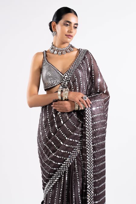 Shop Vvani By Vani Vats Grey Satin, Georgette Mirrors, Sequins Linear Work Pre-draped Saree With Blouse Online at Aza Fashions Shop_Vvani By Vani Vats_Grey Satin, Georgette Mirrors, Sequins Linear Work Pre-draped Saree With Blouse _Online_at_Aza_Fashions