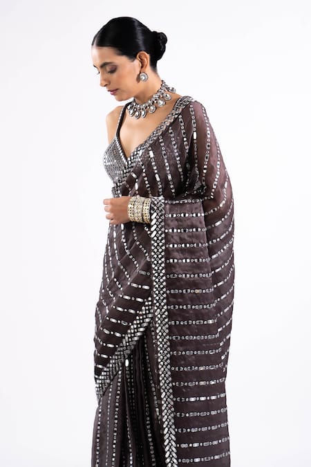 Vvani By Vani Vats Grey Satin, Georgette Mirrors, Sequins Linear Work Pre-draped Saree With Blouse at Aza Fashions Vvani By Vani Vats_Grey Satin, Georgette Mirrors, Sequins Linear Work Pre-draped Saree With Blouse _at_Aza_Fashions