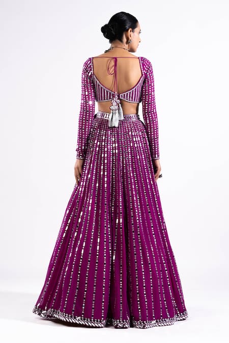 Shop Vvani By Vani Vats Wine Georgette, Satin, Organza Mirrors Linear Drop Embellished Lehenga Set at Aza Fashions Shop_Vvani By Vani Vats_Wine Georgette, Satin, Organza Mirrors Linear Drop Embellished Lehenga Set _at_Aza_Fashions