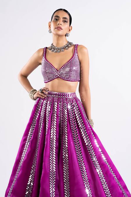 Buy_Vvani By Vani Vats_Wine Georgette, Satin, Organza Linear Pattern Embroidered Bridal Lehenga Set _Online_at_Aza_Fashions