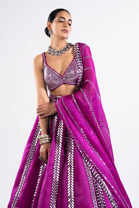 Vvani By Vani Vats_Wine Georgette, Satin, Organza Linear Pattern Embroidered Bridal Lehenga Set _Online_at_Aza_Fashions
