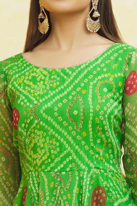 Buy_Naintara Bajaj_Green Chiffon Gota Patti Round Neck Bandhani Print Anarkali Sharara Set _Online_at_Aza_Fashions