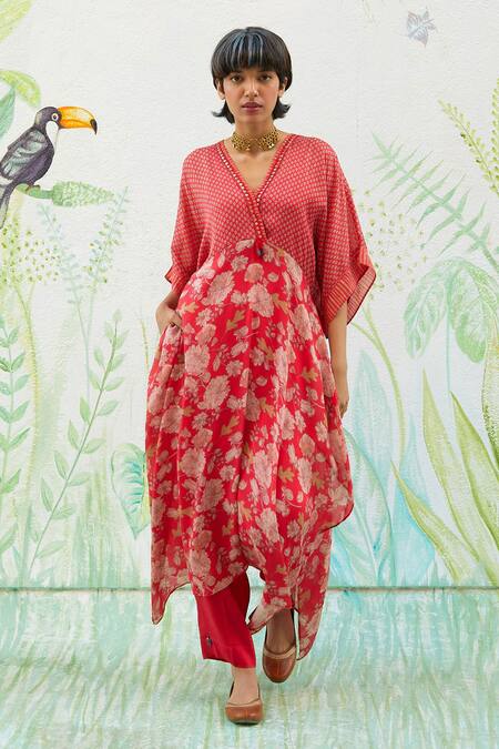 Buy_Basil Leaf_Pink Chiffon Tassels V-neck Floral Print Kurta And Pant Set_Online_at_Aza_Fashions