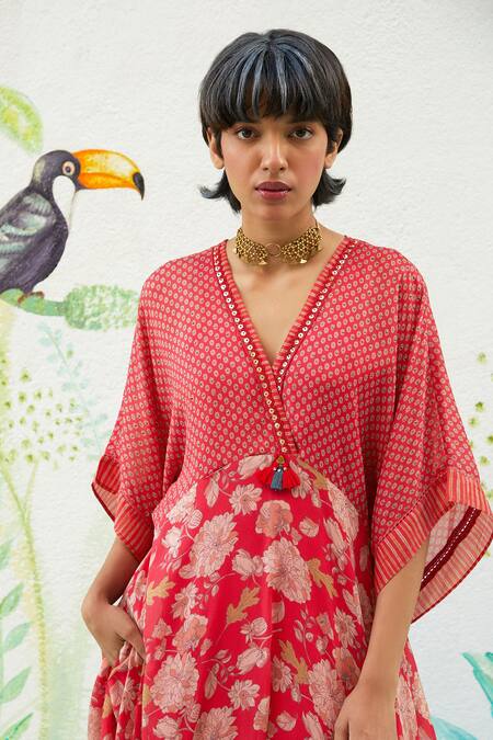 Shop_Basil Leaf_Pink Chiffon Tassels V-neck Floral Print Kurta And Pant Set_Online_at_Aza_Fashions