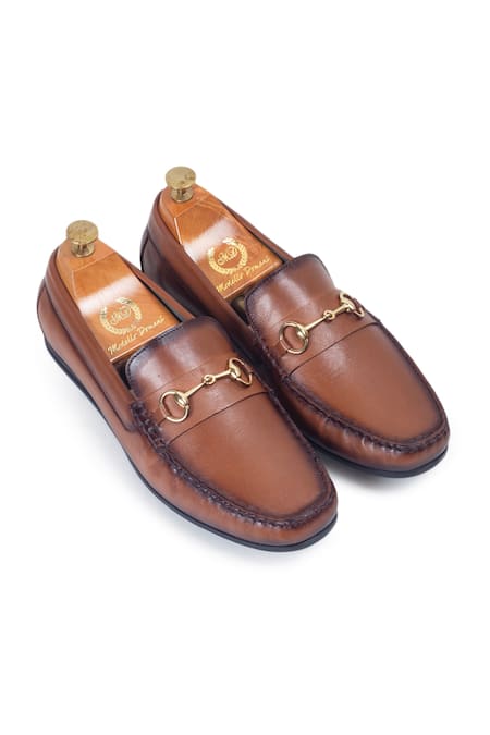 Domani Brown Leather Buckle Embellished Loafers