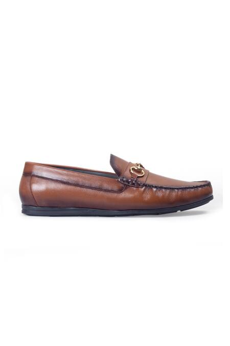Domani_Brown Leather Buckle Embellished Loafers _Online_at_Aza_Fashions