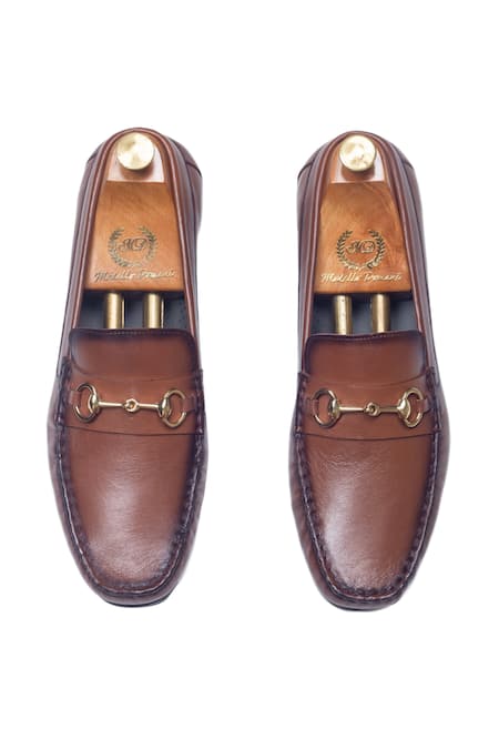 Buy_Domani_Brown Leather Buckle Embellished Loafers _Online_at_Aza_Fashions
