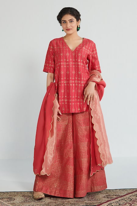 Neelu Sethi Red Handloom Chanderi Printed And Hand Embroidered Block V Kurta Sharara Set 