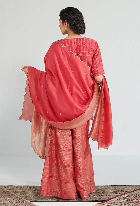 Shop Neelu Sethi Red Handloom Cotton, Tissue, Chanderi Embroidery, Block Print Kurta Sharara Set at Aza Fashions Shop_Neelu Sethi_Red Handloom Cotton, Tissue, Chanderi Embroidery, Block Print Kurta Sharara Set_at_Aza_Fashions