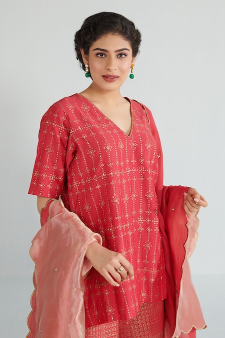 Neelu Sethi Red Handloom Cotton, Tissue, Chanderi Embroidery, Block Print Kurta Sharara Set Online at Aza Fashions Neelu Sethi_Red Handloom Cotton, Tissue, Chanderi Embroidery, Block Print Kurta Sharara Set_Online_at_Aza_Fashions