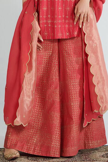 Buy Neelu Sethi Red Handloom Cotton, Tissue, Chanderi Embroidery, Block Print Kurta Sharara Set Online at Aza Fashions Buy_Neelu Sethi_Red Handloom Cotton, Tissue, Chanderi Embroidery, Block Print Kurta Sharara Set_Online_at_Aza_Fashions