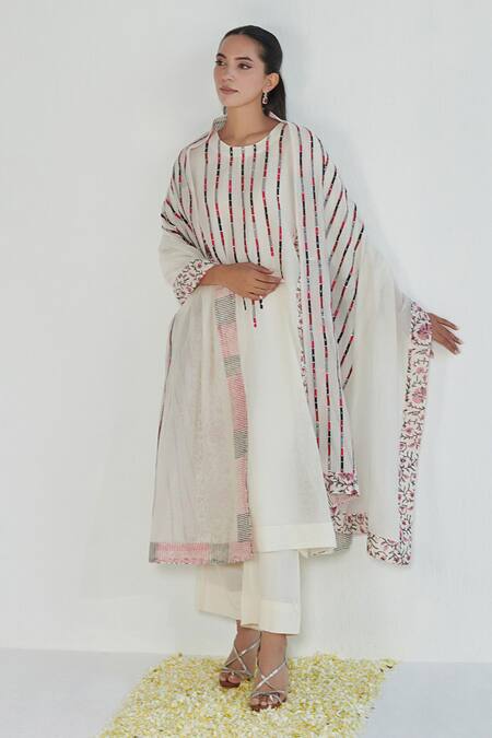 Neelu Sethi Off White Handloom Cotton, Chanderi Sequins, Embroidery Panelled Kurta Pant Set Online at Aza Fashions Neelu Sethi_Off White Handloom Cotton, Chanderi Sequins, Embroidery Panelled Kurta Pant Set_Online_at_Aza_Fashions