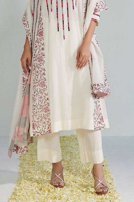 Shop Neelu Sethi Off White Handloom Cotton, Chanderi Sequins, Embroidery Panelled Kurta Pant Set Online at Aza Fashions Shop_Neelu Sethi_Off White Handloom Cotton, Chanderi Sequins, Embroidery Panelled Kurta Pant Set_Online_at_Aza_Fashions