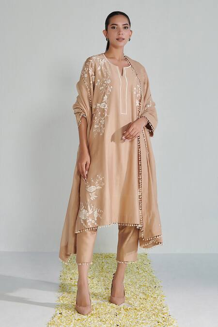 Buy_Neelu Sethi_Pink Chanderi, Silk, Handloom Cotton Embroidery, Lace, Tassels Round Kurta Set_Online_at_Aza_Fashions