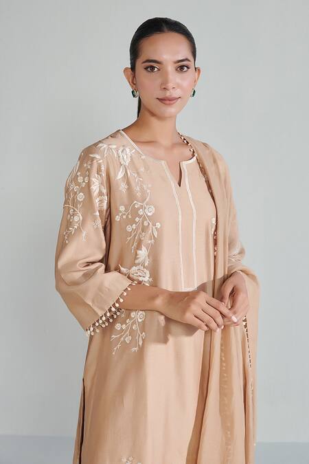 Shop_Neelu Sethi_Pink Chanderi, Silk, Handloom Cotton Embroidery, Lace, Tassels Round Kurta Set_Online_at_Aza_Fashions