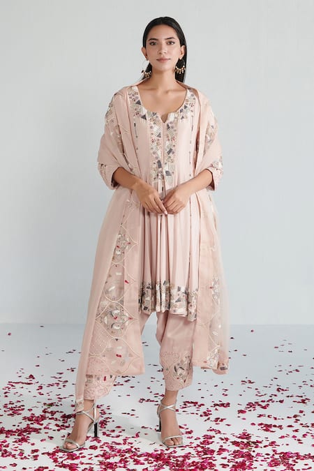 Neelu Sethi Pink Habutai Silk Hand Embroidered Pearl Notched Round And Dabka Anarkali Set 