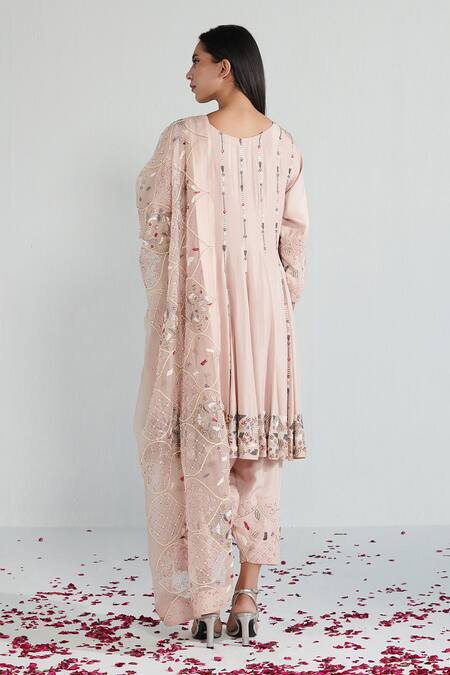 Shop Neelu Sethi Pink Habutai Silk Hand Embroidered Pearl Notched Round And Dabka Anarkali Set at Aza Fashions Shop_Neelu Sethi_Pink Habutai Silk Hand Embroidered Pearl Notched Round And Dabka Anarkali Set_at_Aza_Fashions