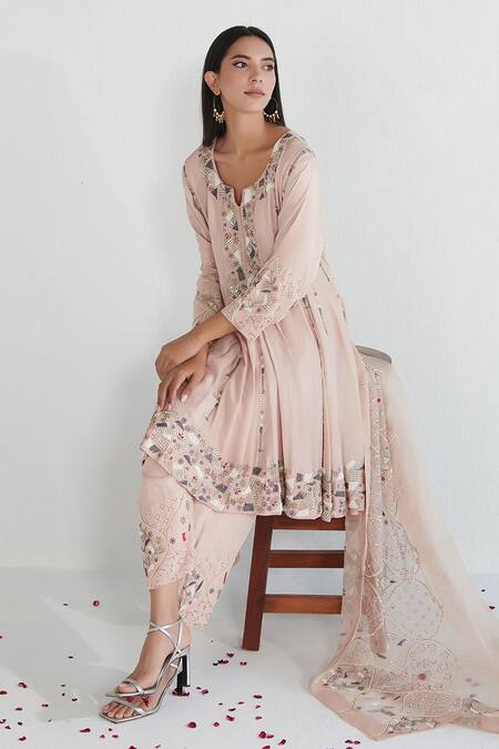 Neelu Sethi Pink Habutai Silk Hand Embroidered Pearl Notched Round And Dabka Anarkali Set Online at Aza Fashions Neelu Sethi_Pink Habutai Silk Hand Embroidered Pearl Notched Round And Dabka Anarkali Set_Online_at_Aza_Fashions