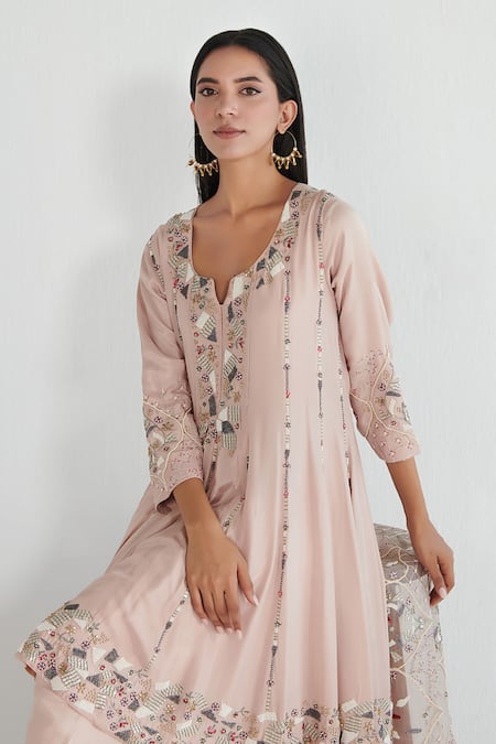Buy Neelu Sethi Pink Habutai Silk Hand Embroidered Pearl Notched Round And Dabka Anarkali Set Online at Aza Fashions Buy_Neelu Sethi_Pink Habutai Silk Hand Embroidered Pearl Notched Round And Dabka Anarkali Set_Online_at_Aza_Fashions