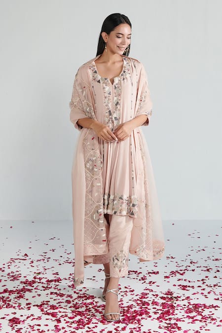 Shop Neelu Sethi Pink Habutai Silk Hand Embroidered Pearl Notched Round And Dabka Anarkali Set Online at Aza Fashions Shop_Neelu Sethi_Pink Habutai Silk Hand Embroidered Pearl Notched Round And Dabka Anarkali Set_Online_at_Aza_Fashions