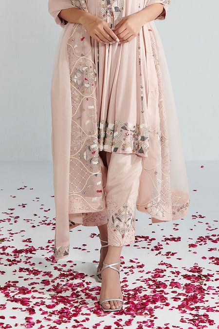 Neelu Sethi Pink Habutai Silk Hand Embroidered Pearl Notched Round And Dabka Anarkali Set at Aza Fashions Neelu Sethi_Pink Habutai Silk Hand Embroidered Pearl Notched Round And Dabka Anarkali Set_at_Aza_Fashions