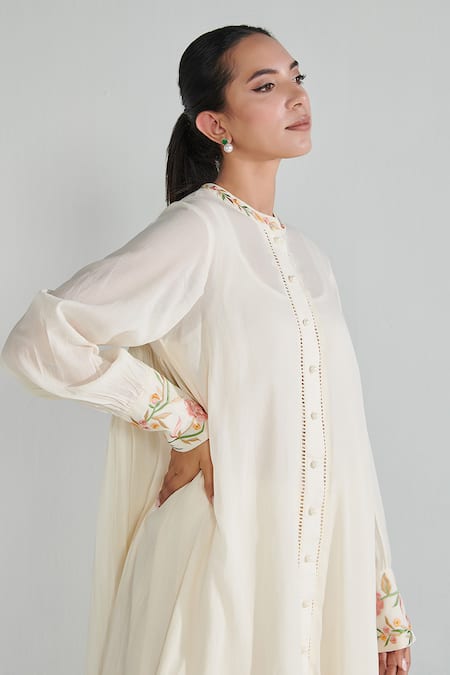 Buy_Neelu Sethi_Off White Mulmul Embroidered Resham And Pearl Work Back Gathered & Pant Set_Online_at_Aza_Fashions