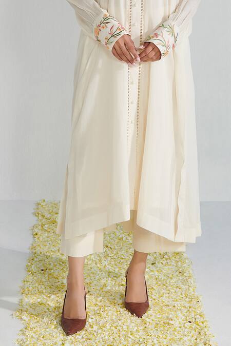 Shop_Neelu Sethi_Off White Mulmul Embroidered Resham And Pearl Work Back Gathered & Pant Set_Online_at_Aza_Fashions