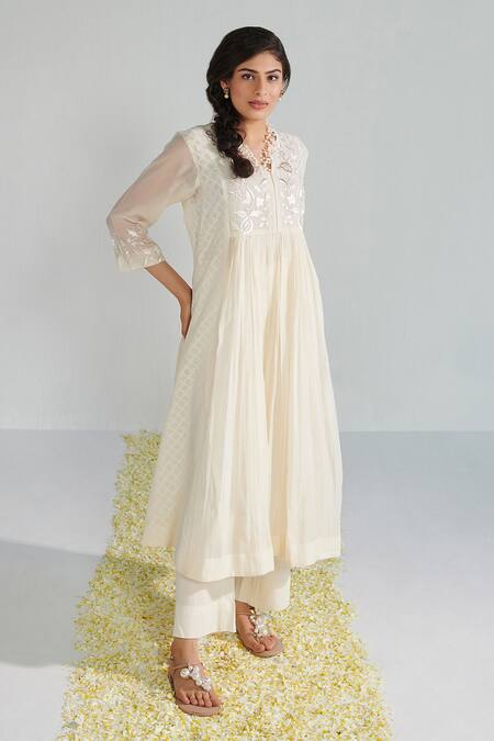 Buy Neelu Sethi Off White Handloom Cotton, Cotton, Chanderi Embroidery Gathered Kurta And Pant Set Online at Aza Fashions Buy_Neelu Sethi_Off White Handloom Cotton, Cotton, Chanderi Embroidery Gathered Kurta And Pant Set_Online_at_Aza_Fashions