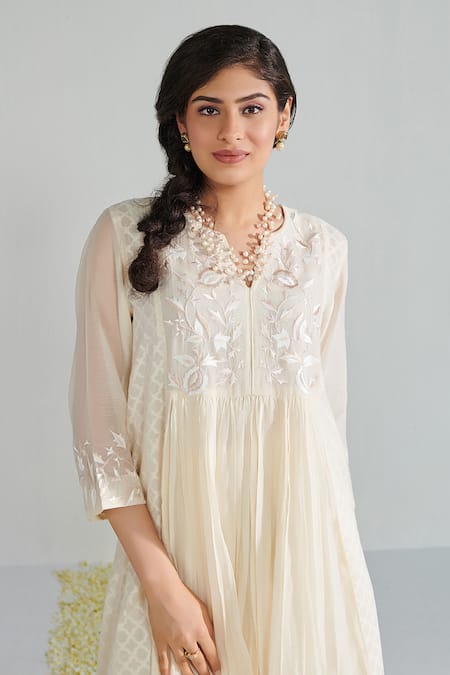 Shop Neelu Sethi Off White Handloom Cotton, Cotton, Chanderi Embroidery Gathered Kurta And Pant Set Online at Aza Fashions Shop_Neelu Sethi_Off White Handloom Cotton, Cotton, Chanderi Embroidery Gathered Kurta And Pant Set_Online_at_Aza_Fashions