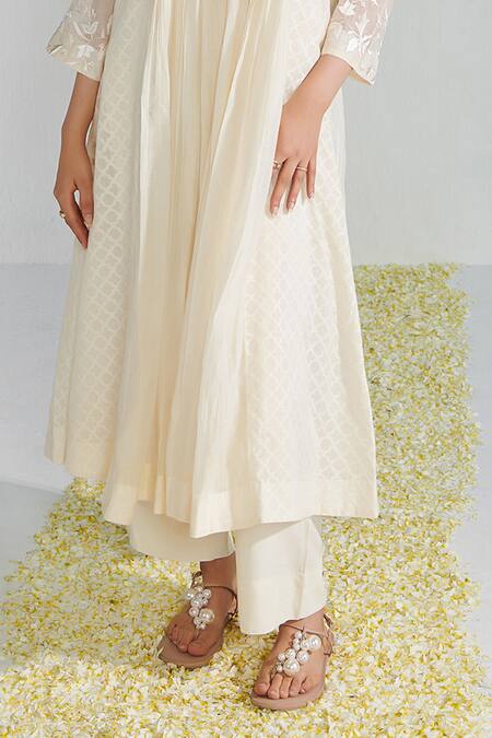 Neelu Sethi Off White Handloom Cotton, Cotton, Chanderi Embroidery Gathered Kurta And Pant Set at Aza Fashions Neelu Sethi_Off White Handloom Cotton, Cotton, Chanderi Embroidery Gathered Kurta And Pant Set_at_Aza_Fashions