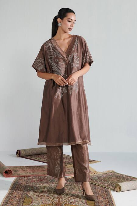 Neelu Sethi Brown Handloom Cotton, Chanderi Embroidery, Sequins V-neck Kurta And Pant Set Online at Aza Fashions Neelu Sethi_Brown Handloom Cotton, Chanderi Embroidery, Sequins V-neck Kurta And Pant Set_Online_at_Aza_Fashions