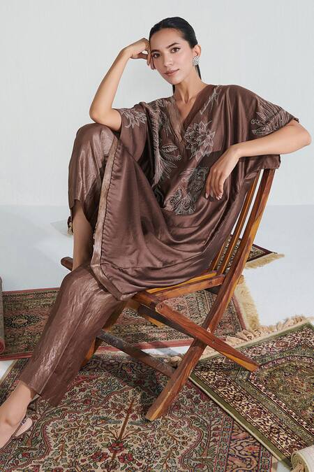 Buy Neelu Sethi Brown Handloom Cotton, Chanderi Embroidery, Sequins V-neck Kurta And Pant Set Online at Aza Fashions Buy_Neelu Sethi_Brown Handloom Cotton, Chanderi Embroidery, Sequins V-neck Kurta And Pant Set_Online_at_Aza_Fashions