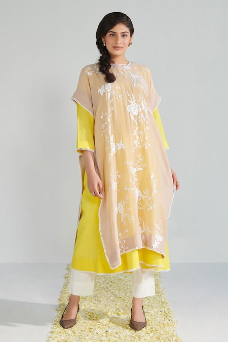Shop Neelu Sethi Beige , Silk, Chanderi, Satin Embroidery, Parsi Cape Kurta Set at Aza Fashions Shop_Neelu Sethi_Beige , Silk, Chanderi, Satin Embroidery, Parsi Cape Kurta Set_at_Aza_Fashions