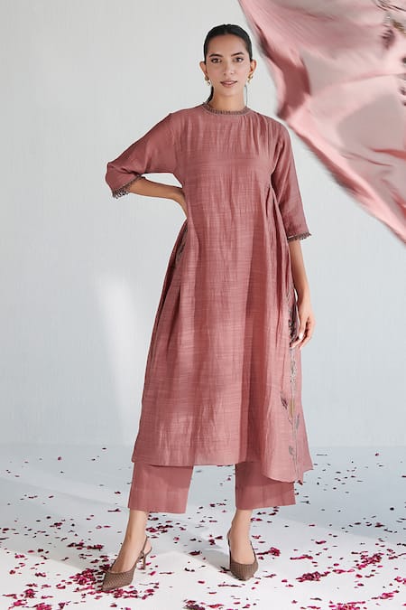 Neelu Sethi Pink Handloom Chanderi Embroidered Zari Round Back Gathered Kurta Set 