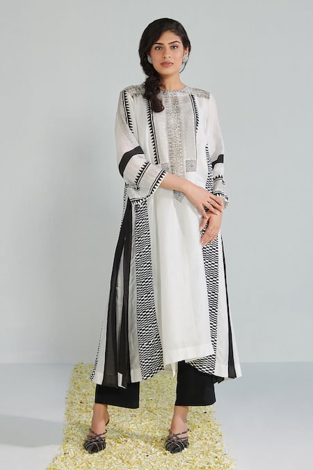 Neelu Sethi White Kurta Cotton Silk Printed Block Round Neck Panelled With Pant 