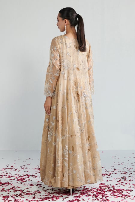 Shop Neelu Sethi Beige Lurex Chanderi Hand Embroidered Pearl Jacket Open Floral And Anarkali Set at Aza Fashions Shop_Neelu Sethi_Beige Lurex Chanderi Hand Embroidered Pearl Jacket Open Floral And Anarkali Set_at_Aza_Fashions