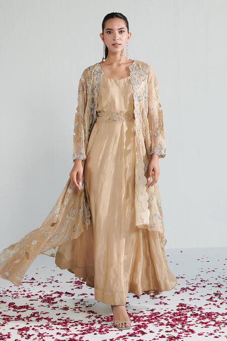 Neelu Sethi Beige Lurex Chanderi Hand Embroidered Pearl Jacket Open Floral And Anarkali Set Online at Aza Fashions Neelu Sethi_Beige Lurex Chanderi Hand Embroidered Pearl Jacket Open Floral And Anarkali Set_Online_at_Aza_Fashions