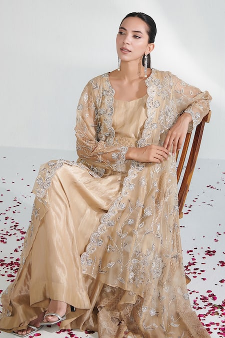 Buy Neelu Sethi Beige Lurex Chanderi Hand Embroidered Pearl Jacket Open Floral And Anarkali Set Online at Aza Fashions Buy_Neelu Sethi_Beige Lurex Chanderi Hand Embroidered Pearl Jacket Open Floral And Anarkali Set_Online_at_Aza_Fashions
