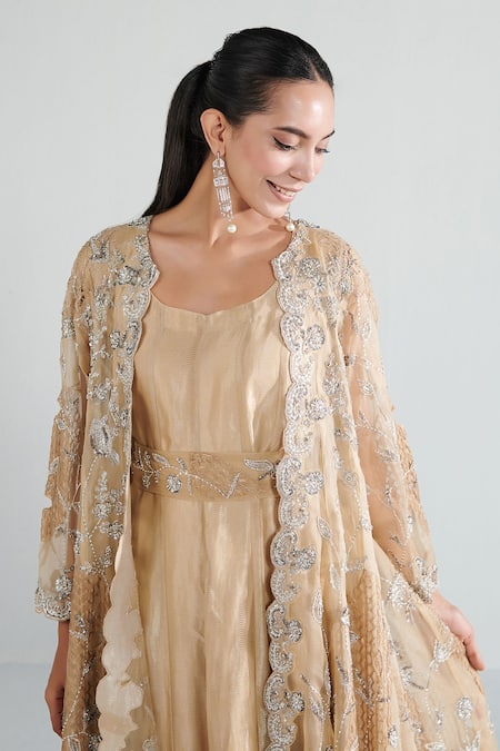 Shop Neelu Sethi Beige Lurex Chanderi Hand Embroidered Pearl Jacket Open Floral And Anarkali Set Online at Aza Fashions Shop_Neelu Sethi_Beige Lurex Chanderi Hand Embroidered Pearl Jacket Open Floral And Anarkali Set_Online_at_Aza_Fashions