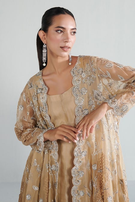 Neelu Sethi Beige Lurex Chanderi Hand Embroidered Pearl Jacket Open Floral And Anarkali Set at Aza Fashions Neelu Sethi_Beige Lurex Chanderi Hand Embroidered Pearl Jacket Open Floral And Anarkali Set_at_Aza_Fashions