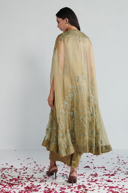 Shop Neelu Sethi Green Lurex Chanderi Embroidered Bead And Resham Work Cape Open Floral Pant Set at Aza Fashions Shop_Neelu Sethi_Green Lurex Chanderi Embroidered Bead And Resham Work Cape Open Floral Pant Set_at_Aza_Fashions