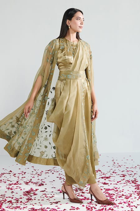 Buy Neelu Sethi Green Lurex Chanderi Embroidered Bead And Resham Work Cape Open Floral Pant Set Online at Aza Fashions Buy_Neelu Sethi_Green Lurex Chanderi Embroidered Bead And Resham Work Cape Open Floral Pant Set_Online_at_Aza_Fashions