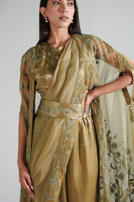 Shop Neelu Sethi Green Lurex Chanderi Embroidered Bead And Resham Work Cape Open Floral Pant Set Online at Aza Fashions Shop_Neelu Sethi_Green Lurex Chanderi Embroidered Bead And Resham Work Cape Open Floral Pant Set_Online_at_Aza_Fashions
