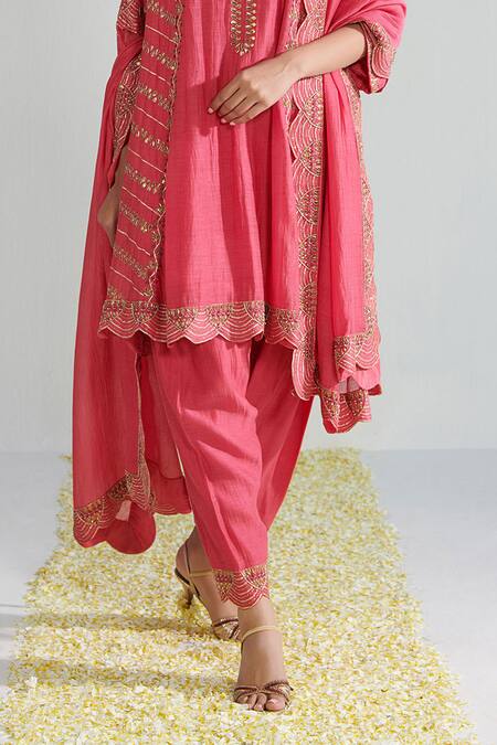Buy_Neelu Sethi_Fuchsia Handloom Cotton, Chanderi Embroidery, Gota Patti, Diamonds Kurta Set_Online_at_Aza_Fashions