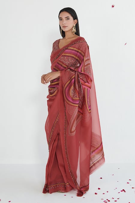 Neelu Sethi Red Organza, Linen Sequins, Tassels V-neck And Kanni Embroidered Saree With Blouse Online at Aza Fashions Neelu Sethi_Red Organza, Linen Sequins, Tassels V-neck And Kanni Embroidered Saree With Blouse_Online_at_Aza_Fashions